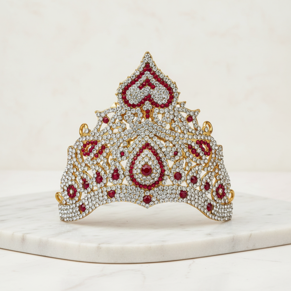A detailed image of a handcrafted metal back stone kirti with red and white stones, designed to adorn small gods.