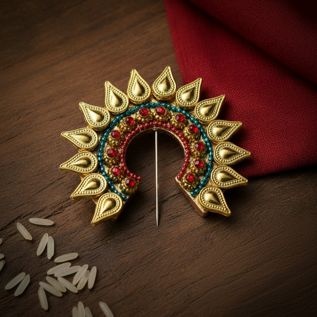A gold-toned crescent moon and sun style brooch with red and turquoise enamel details and small red stones, photographed on a dark gray gradient background.