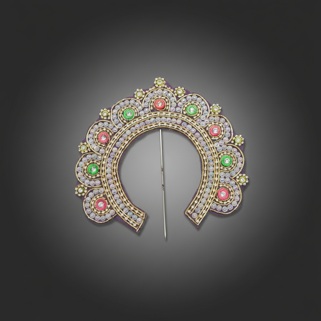 A decorative arch-shaped item with gold, pink, and green colors, possibly used for pooja or religious ceremonies.