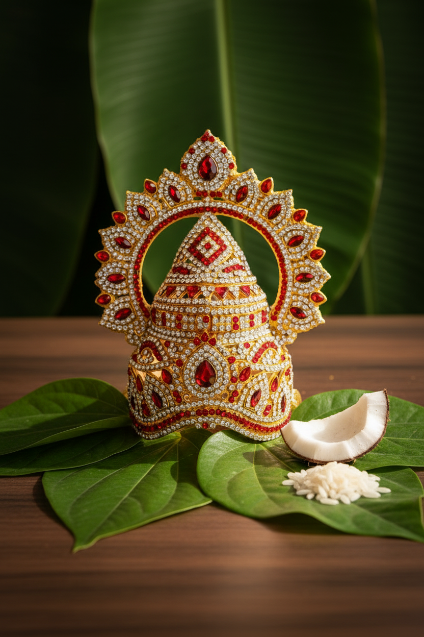Decorative item with red and gold colors on a white background