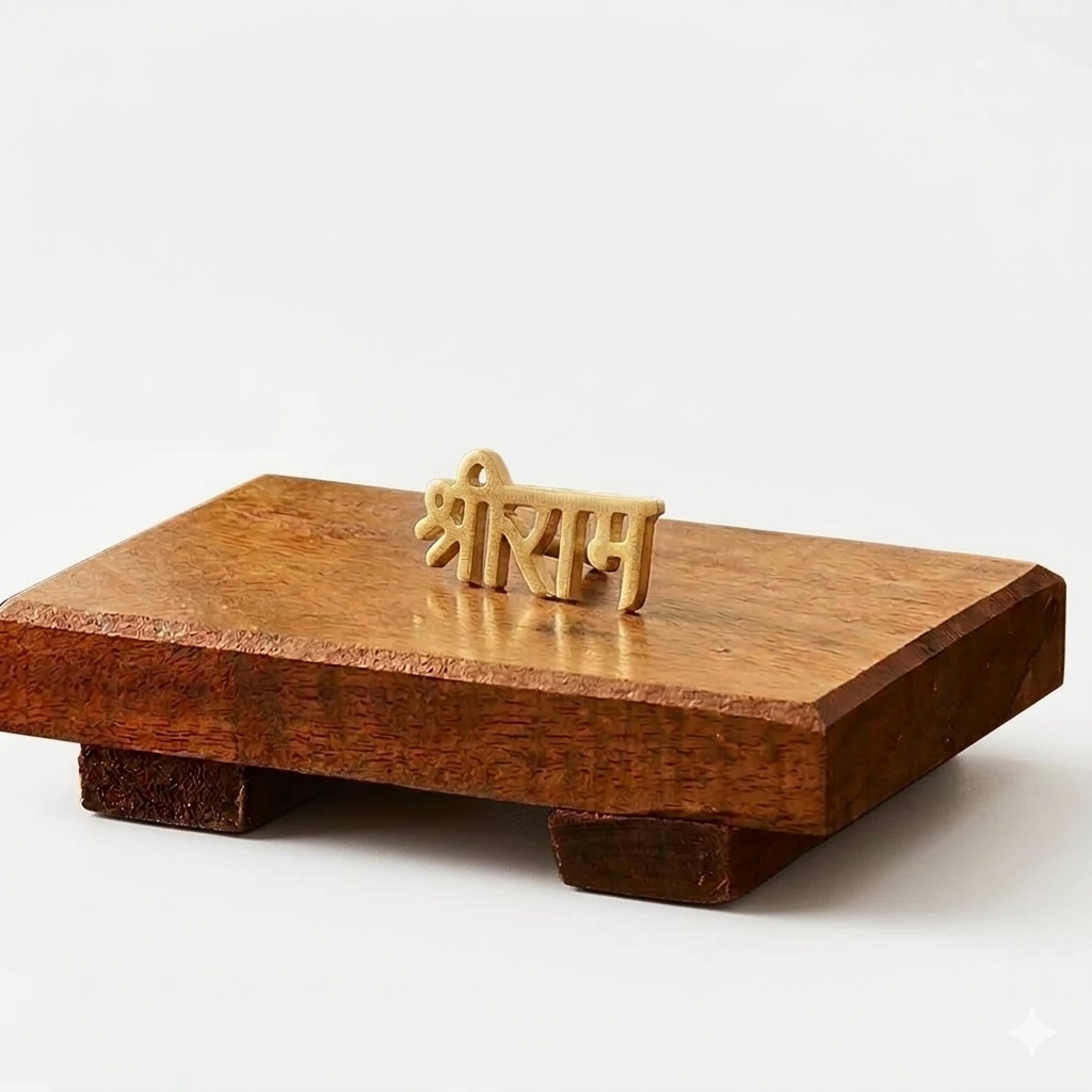 Wooden block with a small gold sculpture on a white background