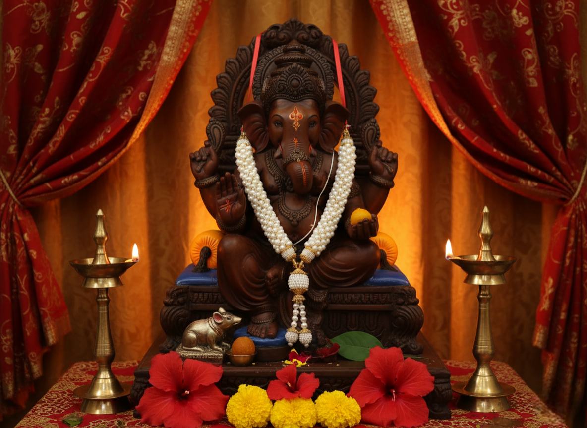 Statue of a deity with offerings in front of ornate curtains