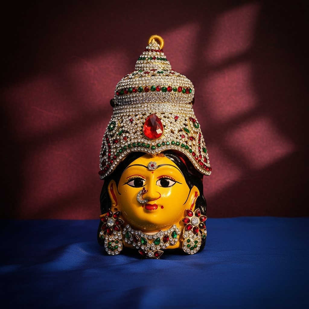 A decorative wall plaque or ornament depicting a stylized face with a yellow complexion, black hair, and an ornate jeweled crown and necklace, photographed against a dark gray textured background.
