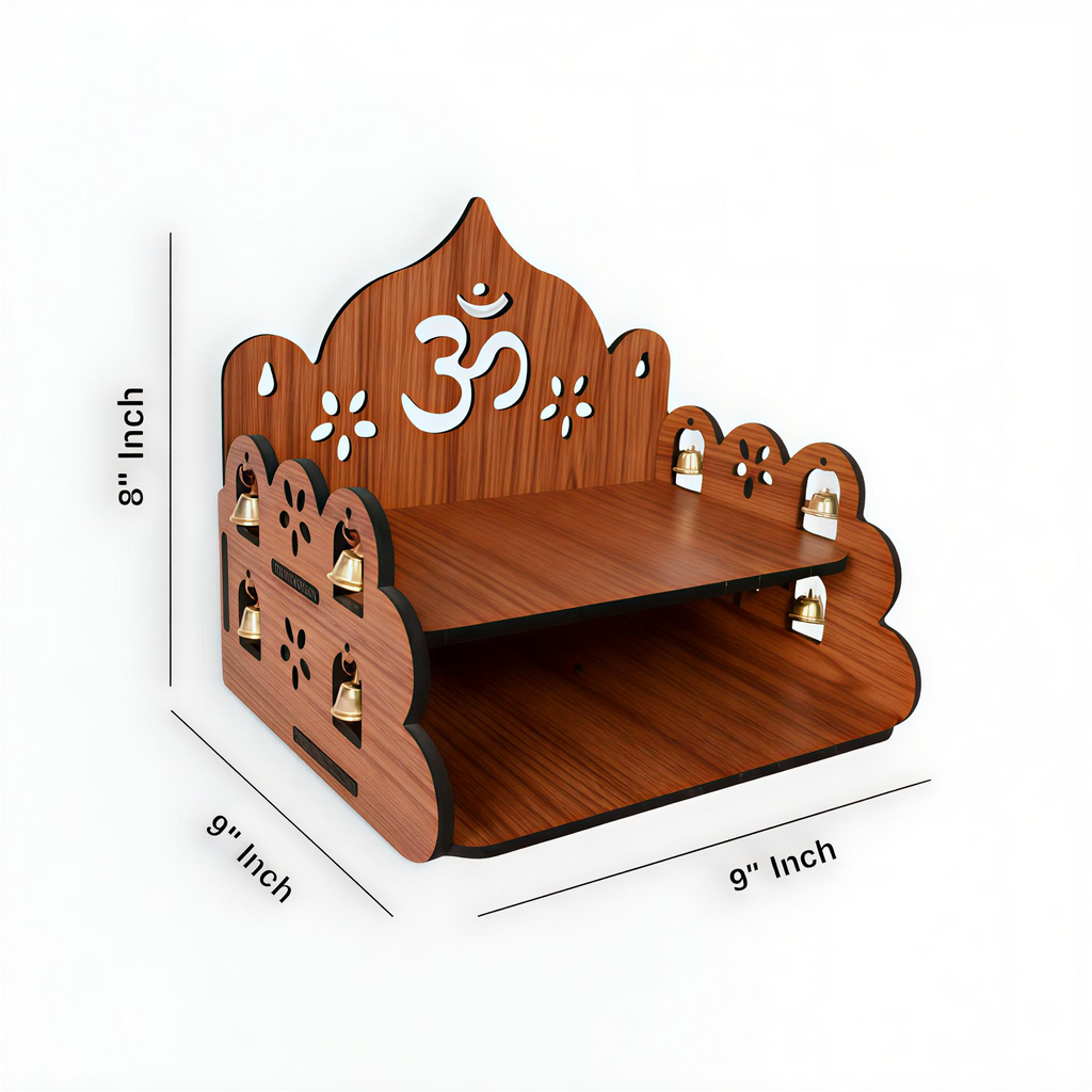 Wooden Home Pooja Mandir Shelf with Brass Bells