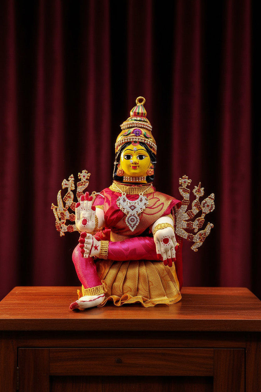A decorated Durga Devi idol with a vibrant pink and yellow body, adorned with gold and red details, seated with multiple arms extended.