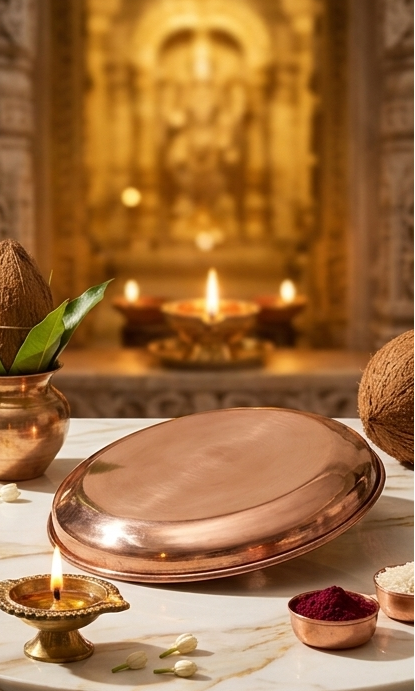Copper plates and bowls on a marble surface with a religious setting in the background.