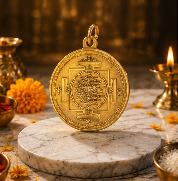 Gold pendant with religious figure on a marble base with incense and flowers