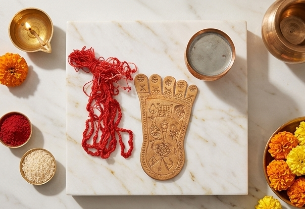 Collage of images showing a wooden foot mold, red thread, and decorative items on a marble surface with a warm background.