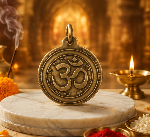 Bronze pendant with religious design on a marble stand with candles and flowers in the background
