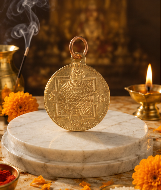 Gold pendant on a marble stand with incense and flowers in a religious setting