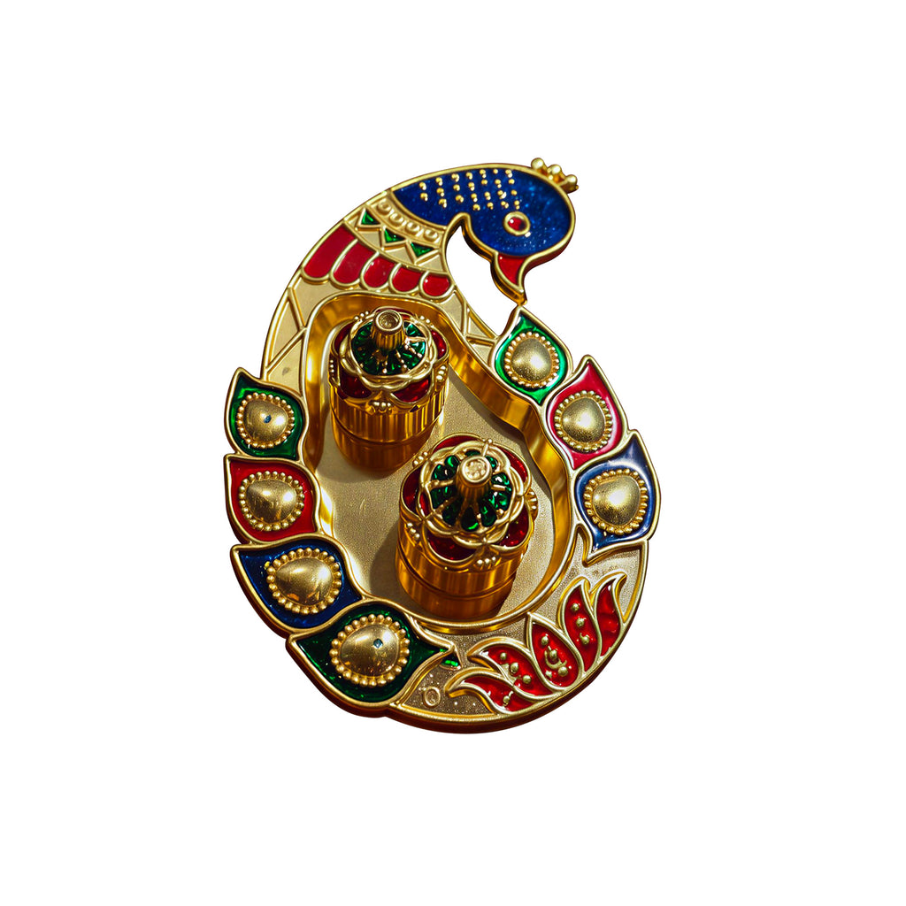 Decorative item with gold, red, and blue colors on a white background