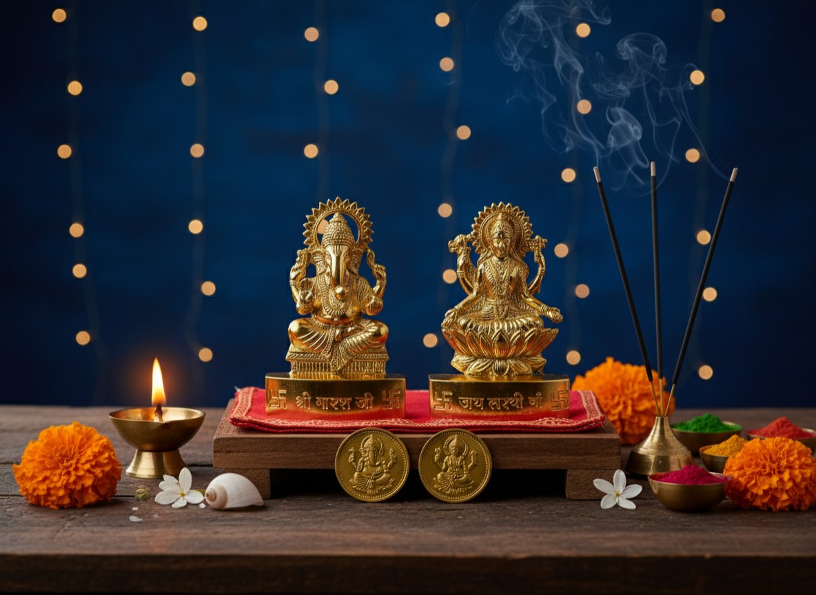 Brass Ganesh and Lakshmi Idols and coins combo