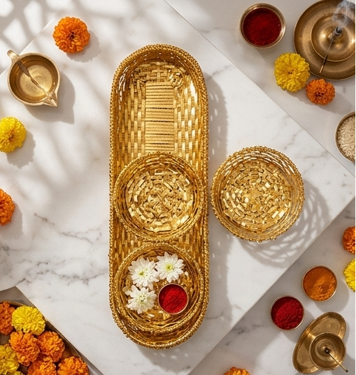 Traditional Designer Pooja Tray & Baskets Set (Gold)