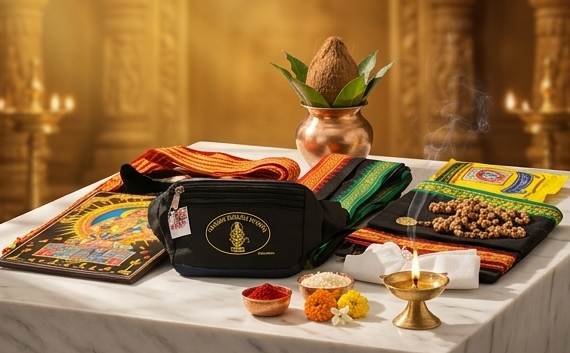 Collage of traditional items including colorful fabrics, trays, and decorative objects on a marble surface.
