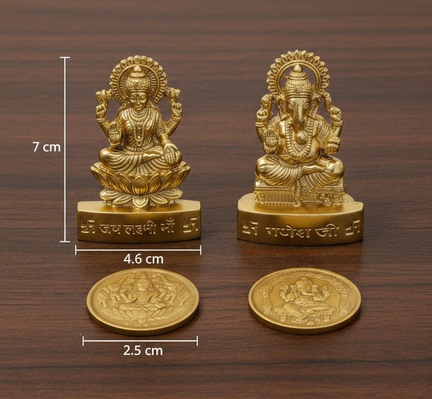 Brass Ganesh and Lakshmi Idols and coins combo