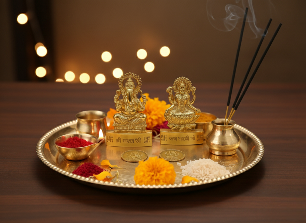 Brass Ganesh and Lakshmi Idols and coins combo