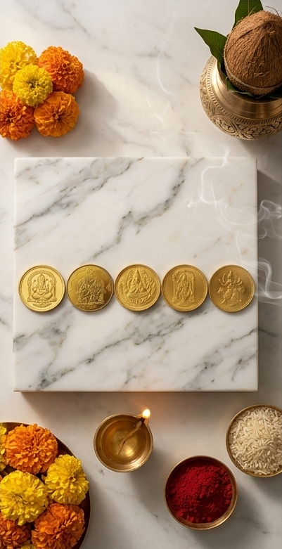 Collage of gold coins, flowers, and candles on a marble surface with a warm, inviting background.