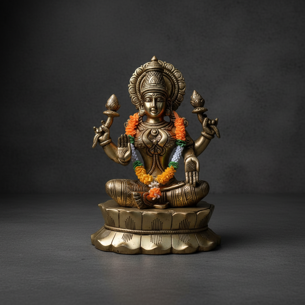 A brass idol of the Hindu goddess Lakshmi, seated with a floral garland and holding objects in her hands.
