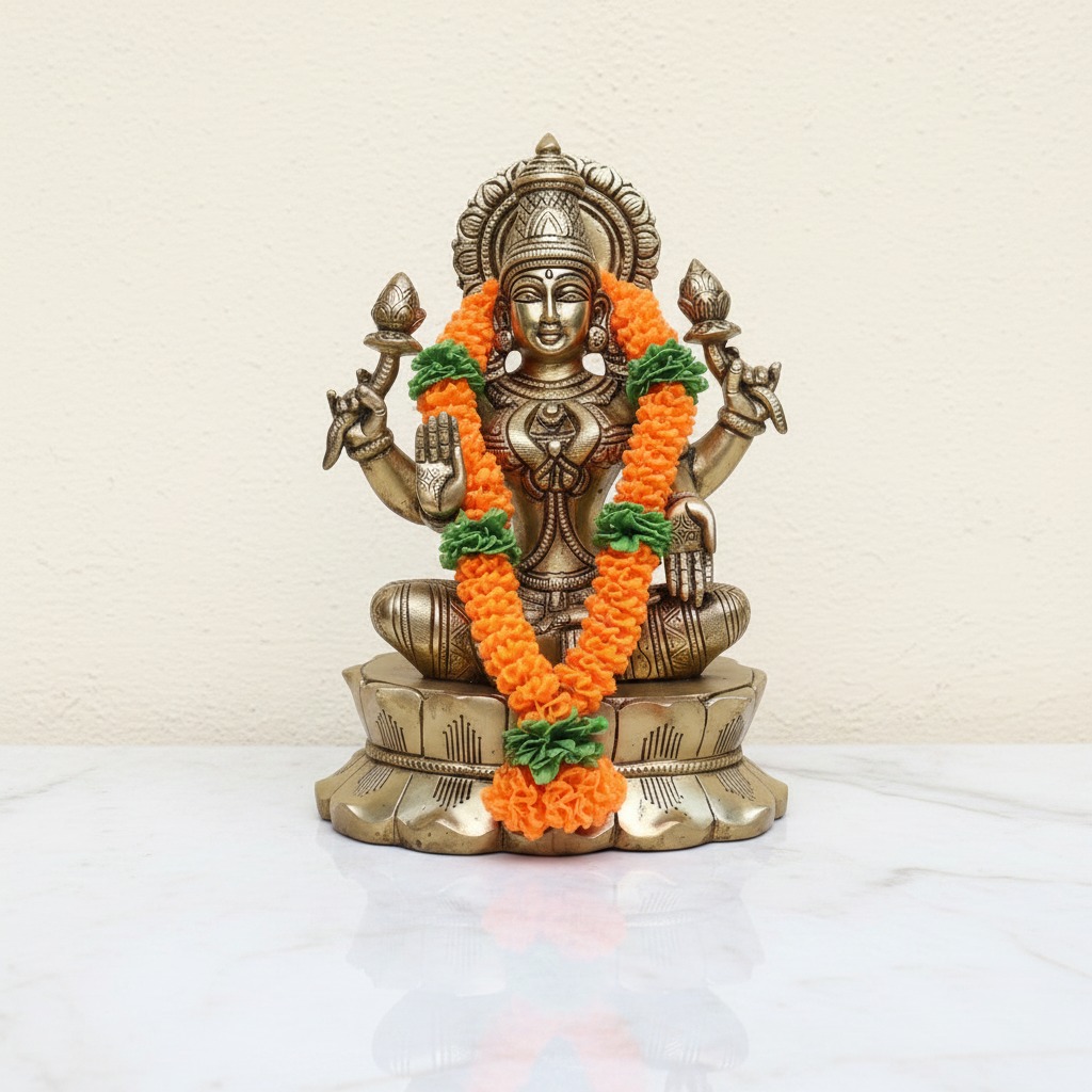 Traditional Solid Brass Goddess Lakshmi Idol on Lotus Base