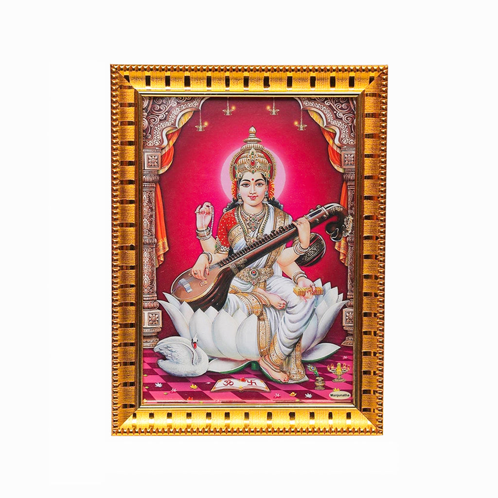 Decorative frame with a religious icon of a deity playing a stringed instrument on a red background.