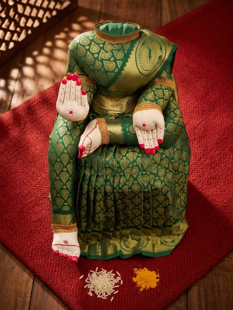 A green and gold patterned traditional dress displayed on a mannequin torso, seated on a red textured mat over a wooden floor. The mannequin has white hands with red nail art, and small piles of white and yellow powder are placed in front.