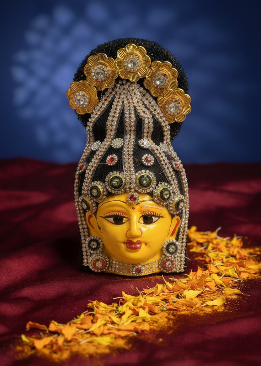 A decorative yellow Lord Krishna idol head with an ornate black and gold headdress, displayed on a dark red fabric surface with scattered orange marigold petals against a dark blue background.