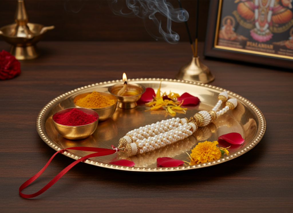 Decorative tray with pearls, flowers, and incense on a wooden surface