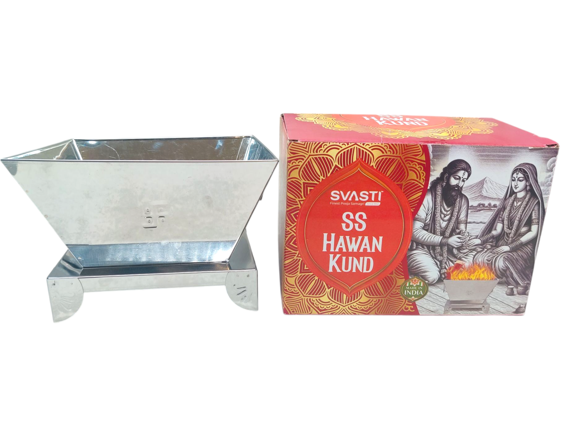 Metal incense burner and packaging with 'SVASTI' branding on a white background