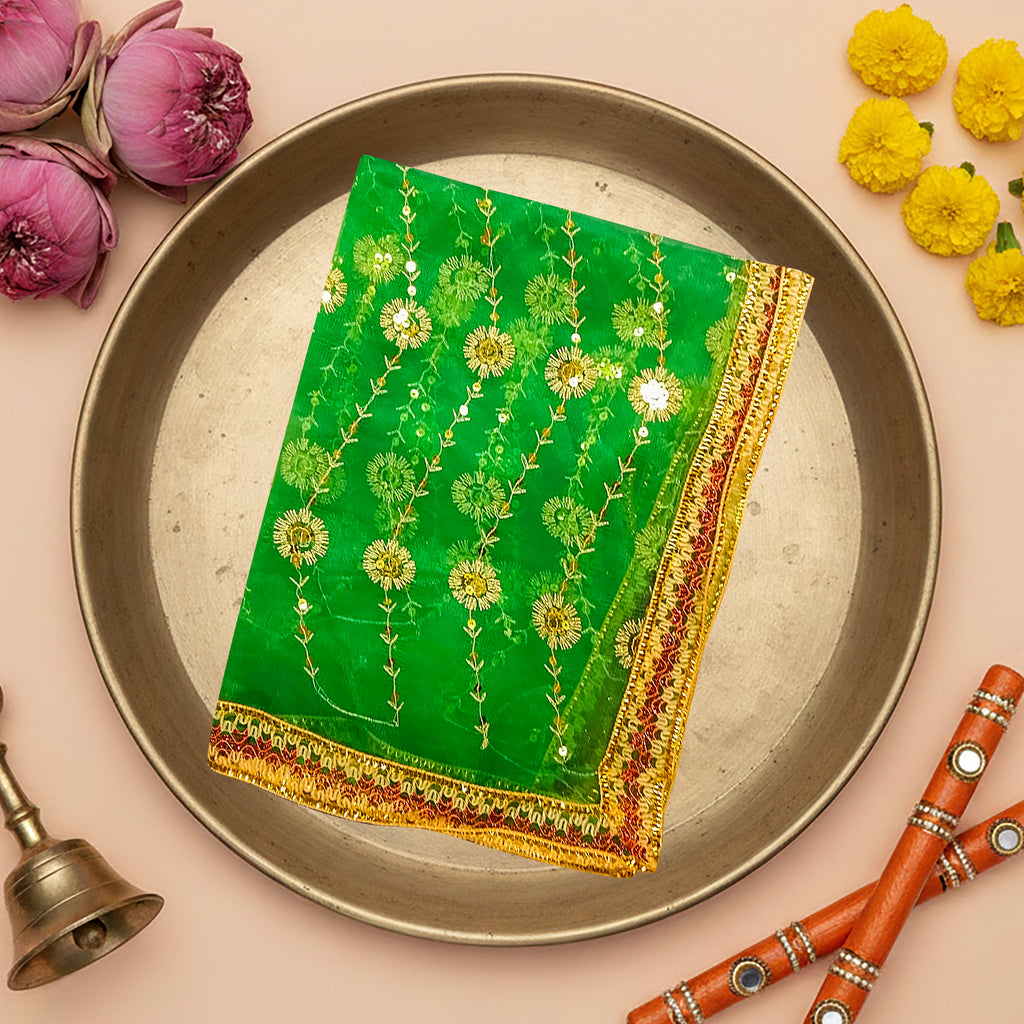 Green Net Chunri with Gold Zari Border.