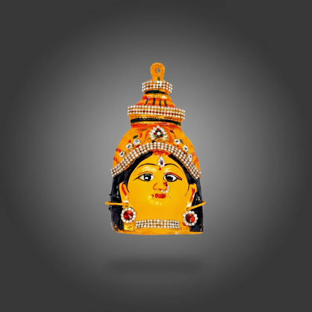 A colorful enamel-style pendant or charm shaped like a stylized female face wearing an ornate headdress, shown centered on a plain dark gray background.