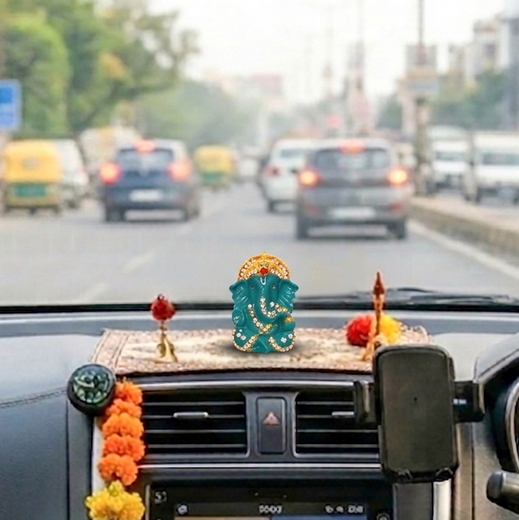 Teal Enamel Ganesha for Car Dashboard