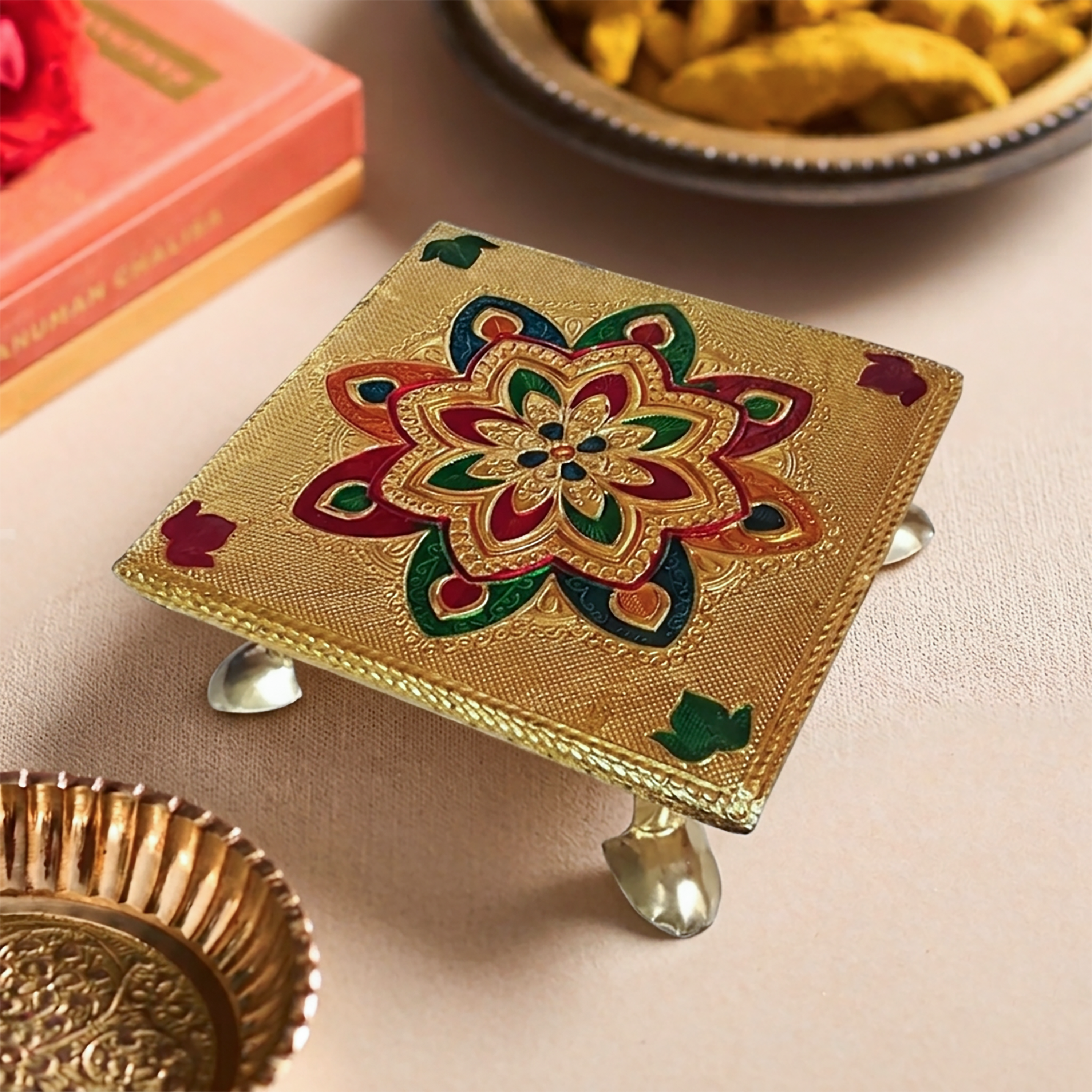 Gold-Plated Metal Pooja Chowki – 5x5 Meenakari Peeta