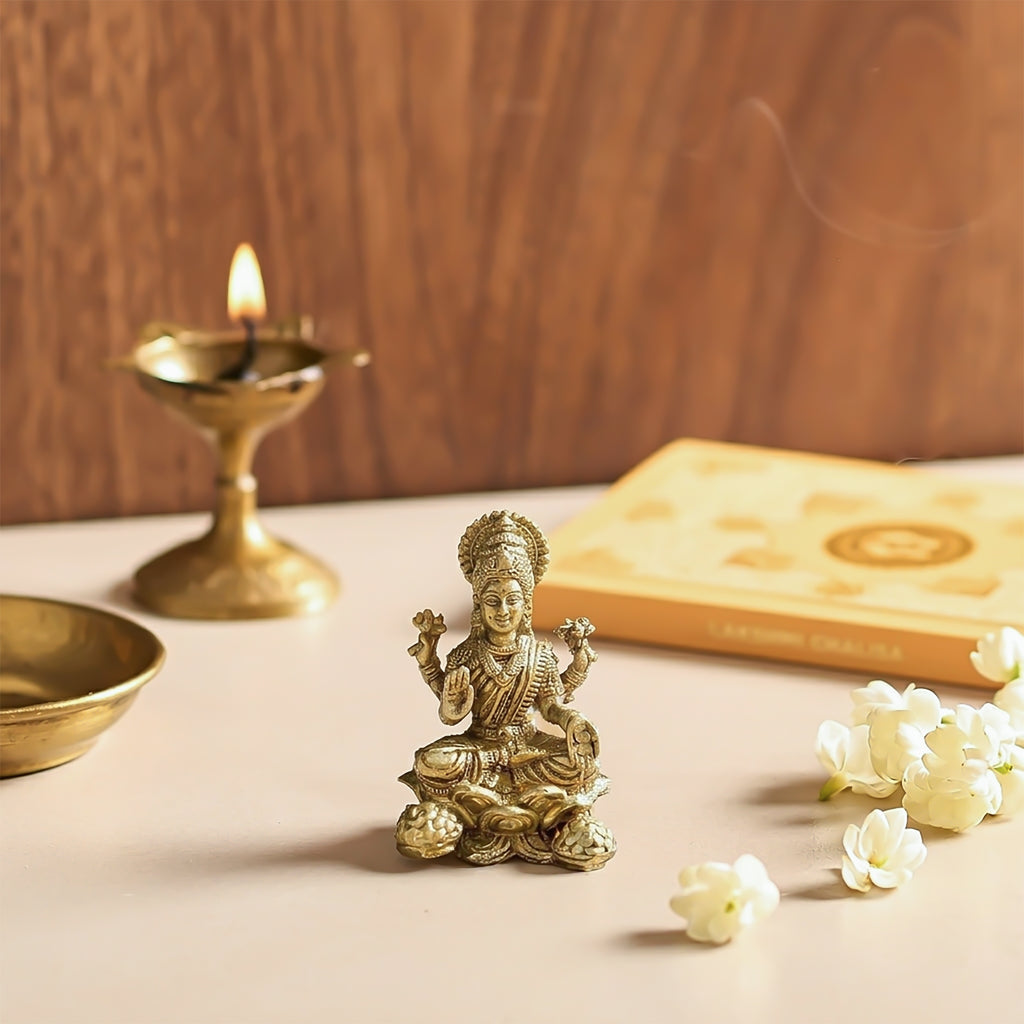 Brass Lakshmi Idol Seated on Lotus