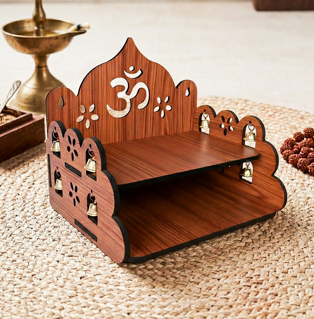 Wooden Home Pooja Mandir Shelf with Brass Bells