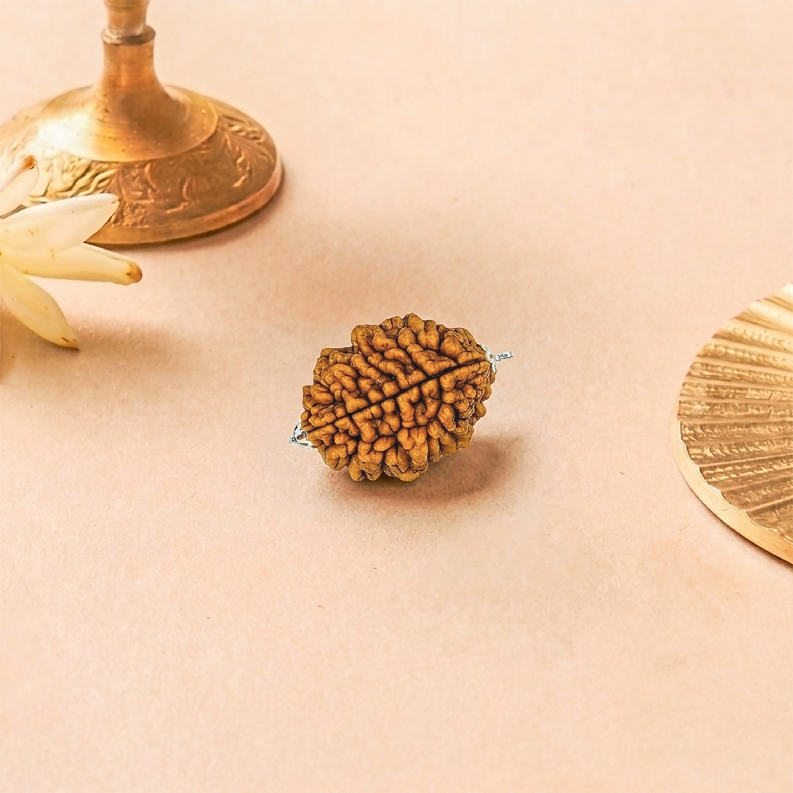 Wooden Rudraksha bead with a decorative background