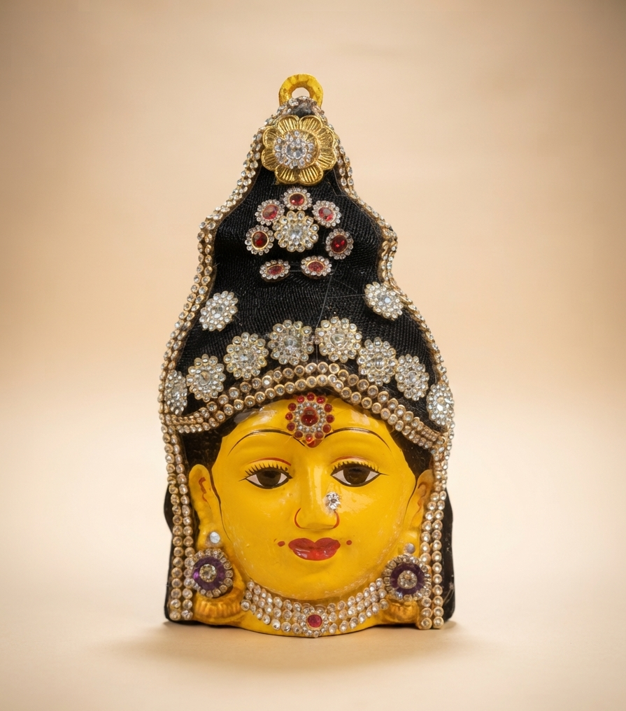 An ornate decorative headpiece or headdress shaped like a stylized face, featuring a bright yellow face, a black crown-like top, and extensive rhinestone and crystal embellishments, photographed against a warm beige studio background.