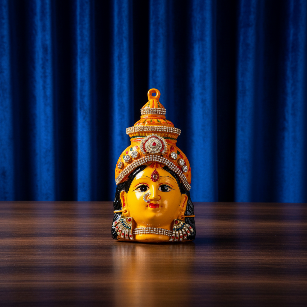 A colorful decorative pendant or charm shaped like a stylized face with an ornate headdress, shown against a dark textured background.