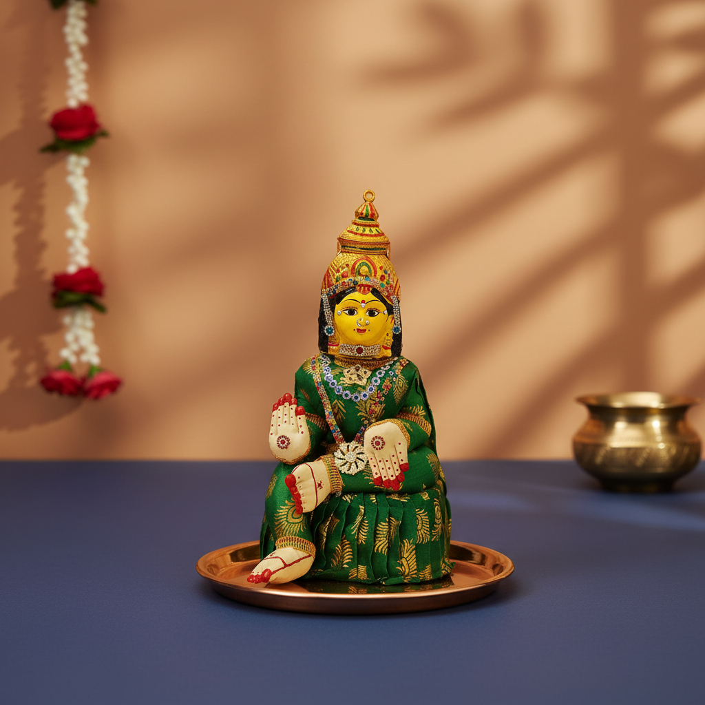A painted Hindu deity figurine, likely representing Goddess Lakshmi, seated on a brass tray. The figurine is dressed in a green saree with gold patterns, holding a lotus, and has a yellow face.