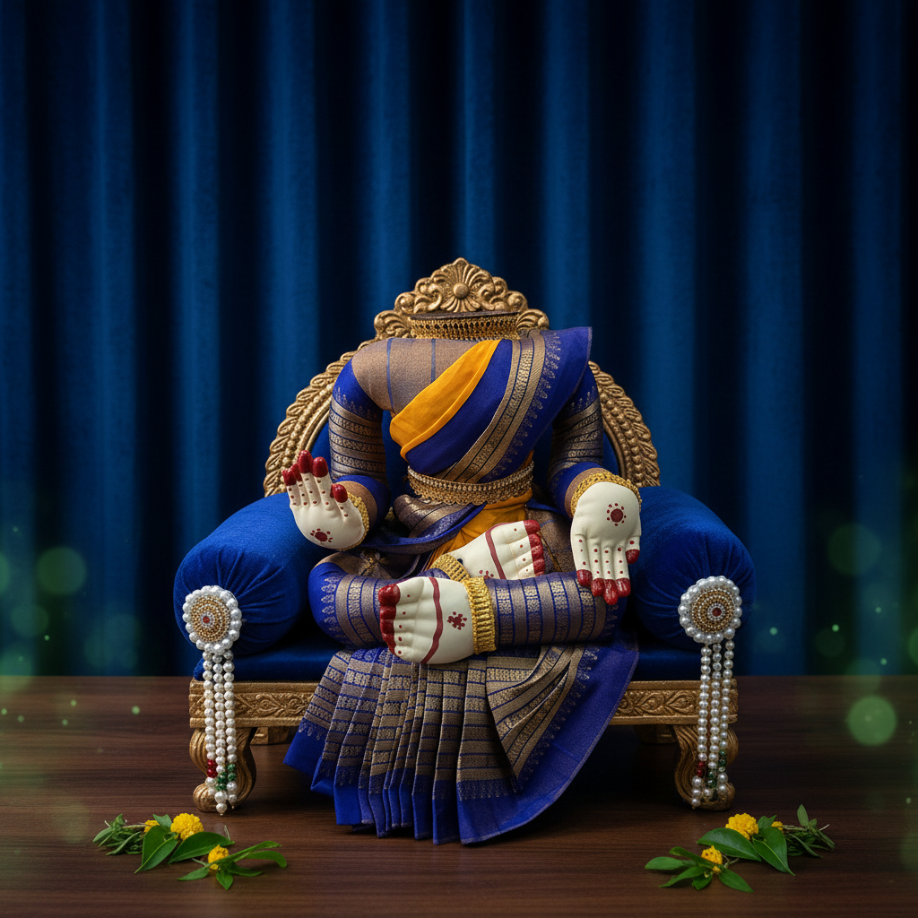 A decorative seated figurine or idol dressed in a royal blue and yellow sari with gold zari patterns, white gloves, and red floral accents, displayed on a green cushioned base on a wooden table.