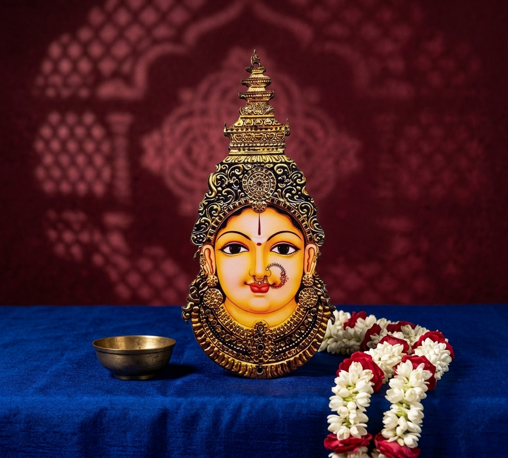 A decorative idol of a Hindu goddess with a gold crown and jewelry, placed on a blue cloth with a small brass bowl beside it and a red-and-white flower garland in front, against a dark red patterned backdrop.