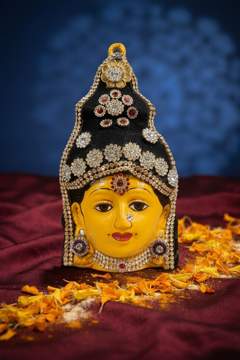 A decorative yellow figurine of a Hindu deity face wearing an ornate black crown embellished with silver and red gemstone details, set against a dark blue background with maroon fabric and scattered orange flower petals.