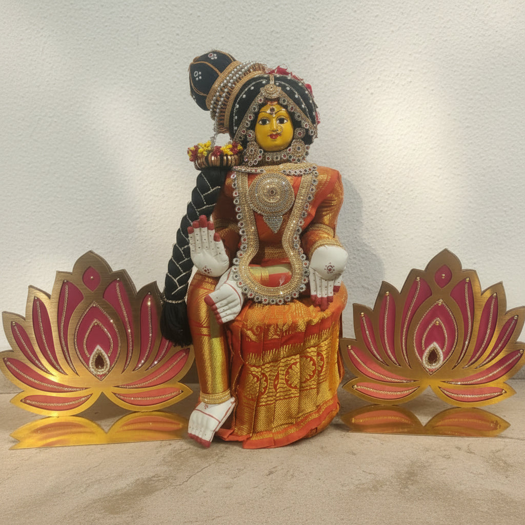 Decorated Varalakshmi Idol in Orange and Gold Silk Attire