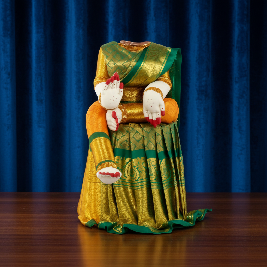 A decorative figurine of a seated woman wearing a green and gold sari, with white hands and red fingernails, set against a dark gray gradient background.