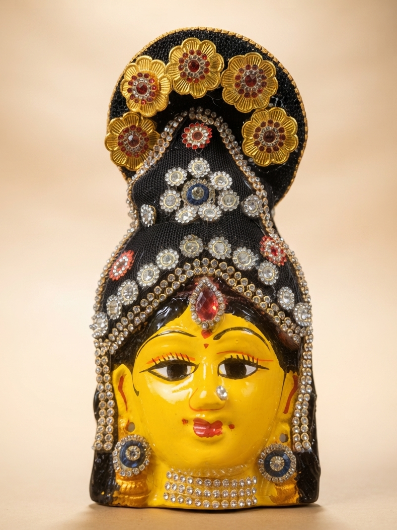 A decorative figurine of a woman's face wearing an ornate black headdress embellished with gold, silver, and red jewel-like details, shown against a plain beige background.