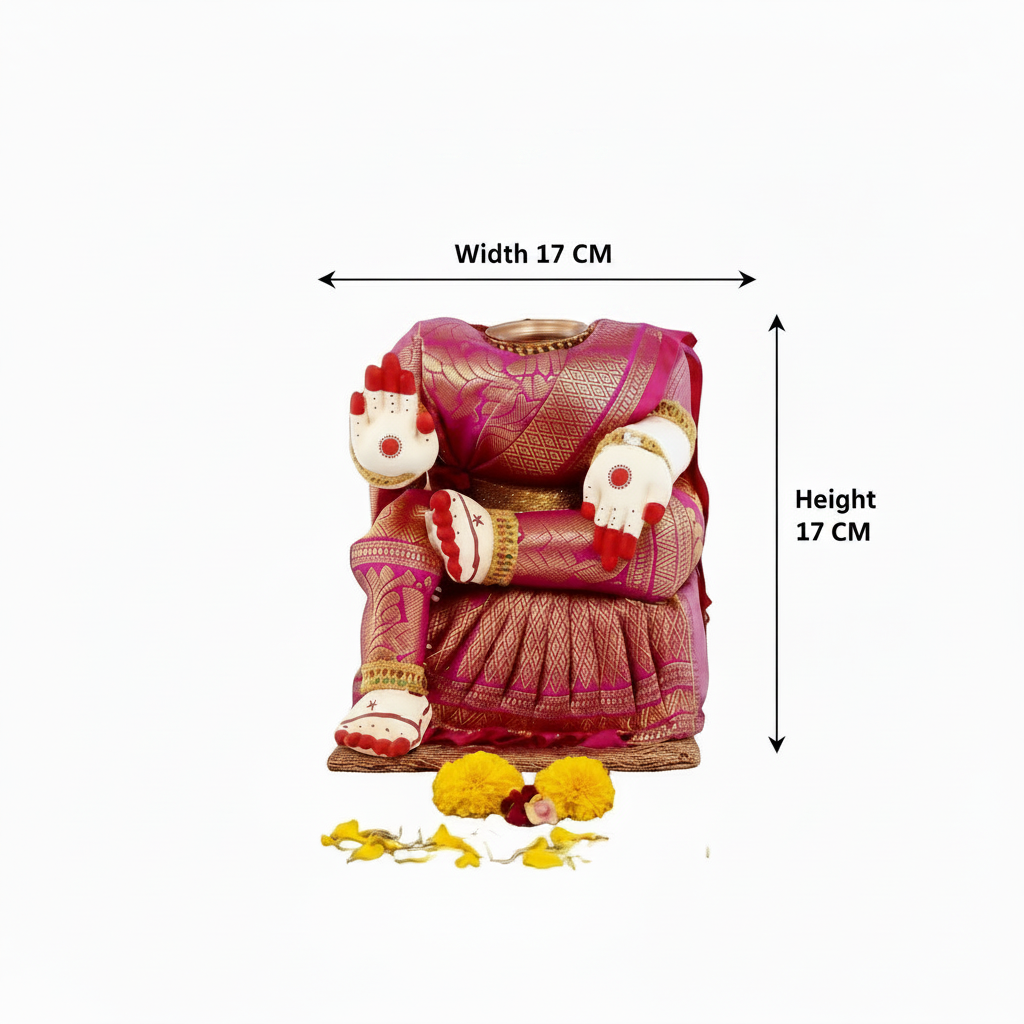 A pink and gold traditional Indian garment displayed on a mannequin torso, with white hand-painted feet and red decorative details, set against a dark blue curtain background on a wooden surface with yellow marigold flowers and a small oil lamp.