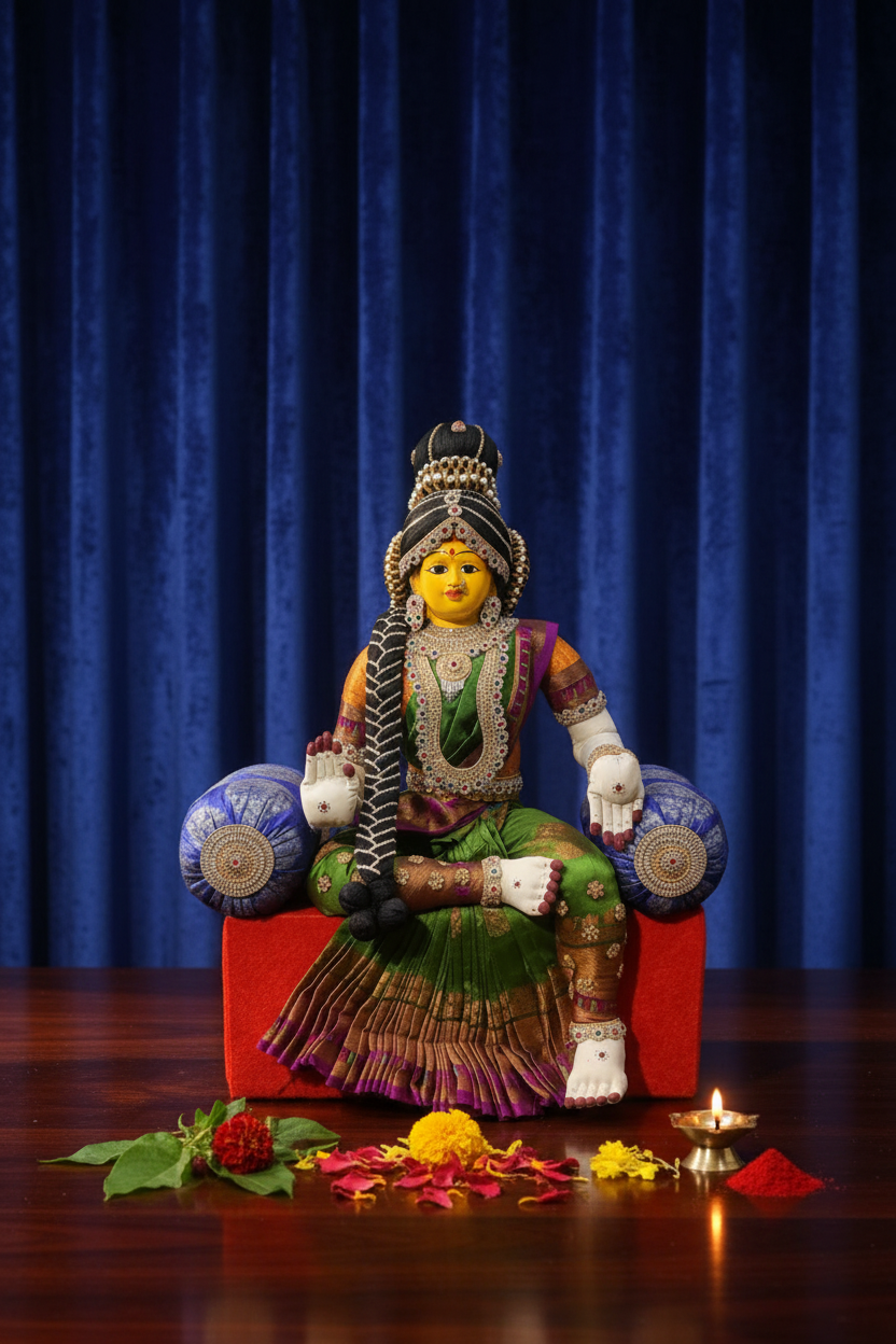 Decorated Varalakshmi Idol in Green and Gold Silk Attire
