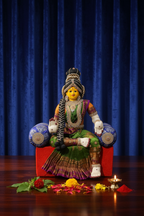 Decorated Varalakshmi Idol in Green and Gold Silk Attire