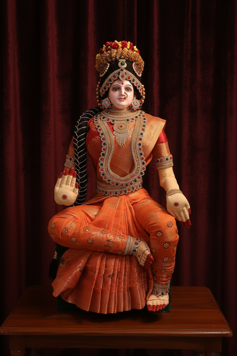 A seated decorative figurine of a traditional Indian goddess, dressed in an orange and gold sari with ornate jewelry, posed on a wooden table against a dark red curtain backdrop.