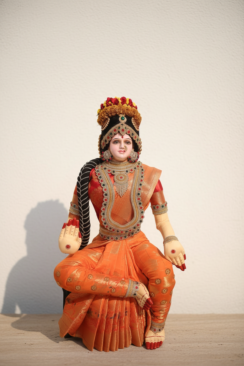 A seated decorative figurine or statue of a person in ornate traditional Indian-inspired costume, with a bright orange skirt, patterned top, black headpiece with red flowers, and painted skin, photographed against a plain light wall.