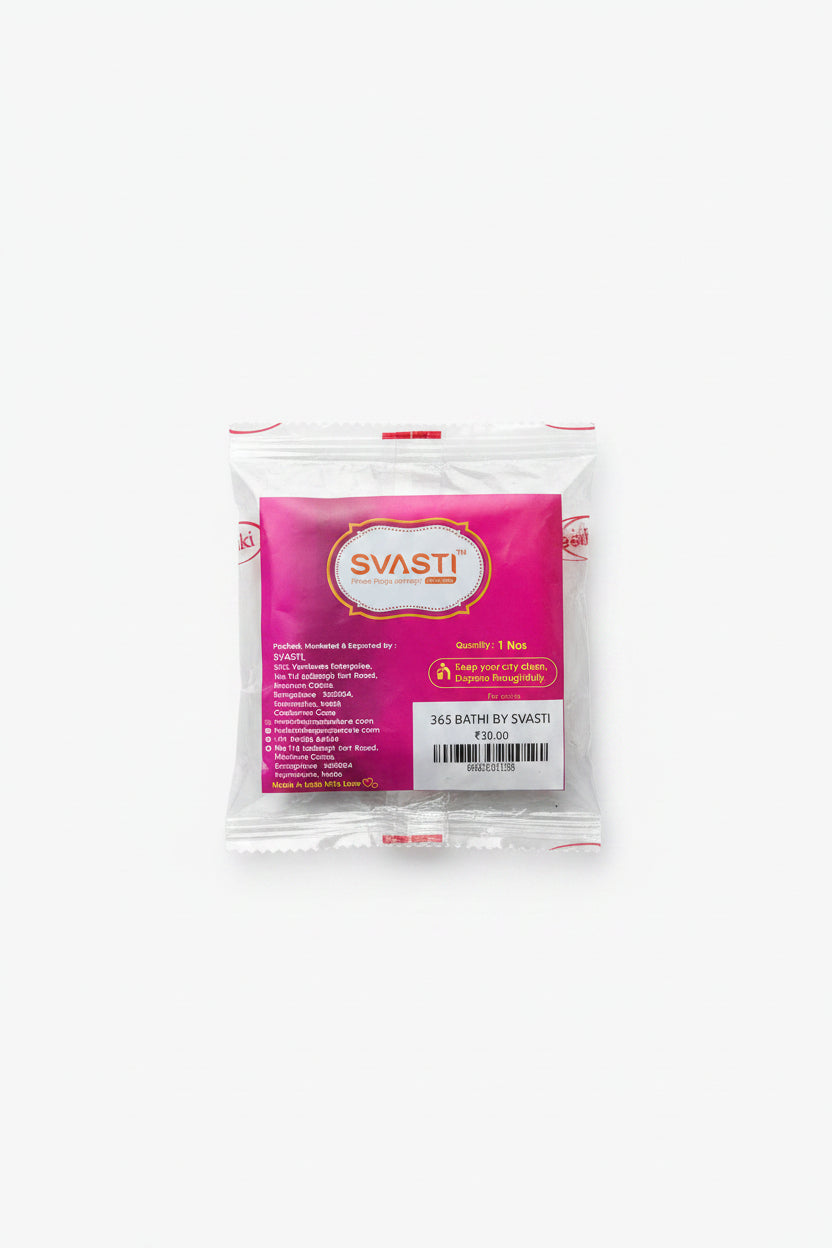Packaged product with a pink label featuring the brand 'Svasti' on a gray background.